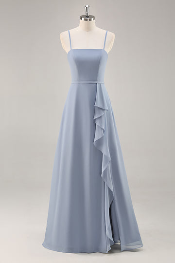 Dusty Blue Chiffon A Line Long Bridesmaid Dress with Ruffles